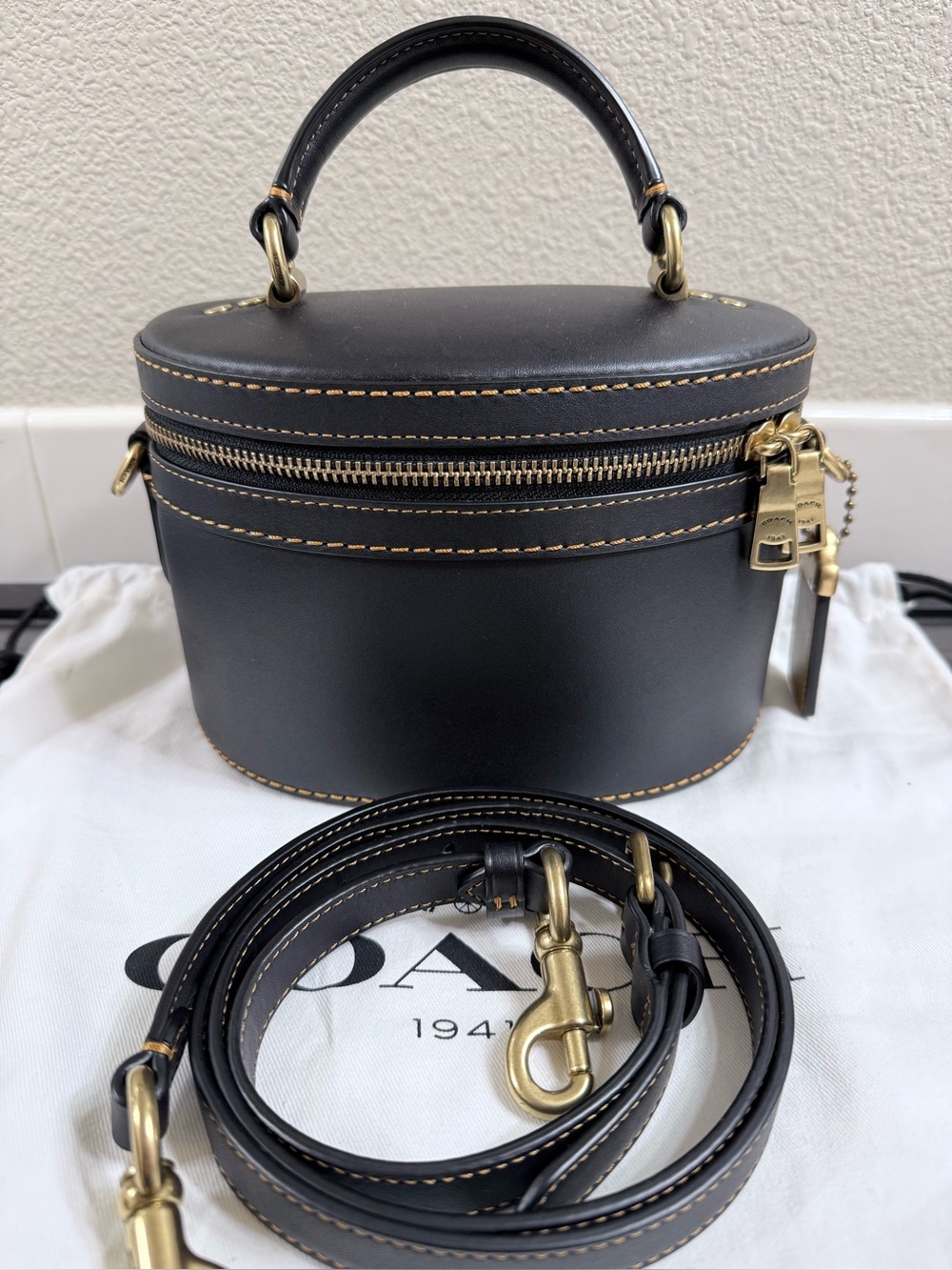 Coach Black Leather Oval Vanity Crossbody with Gold Hardware